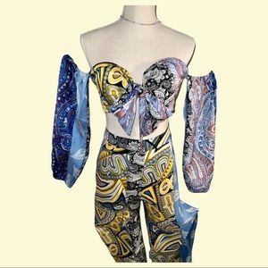 SATIN TWO-PIECE BANDEAU SET!! - Bandeau Sleeved Top & Pants - Size XL